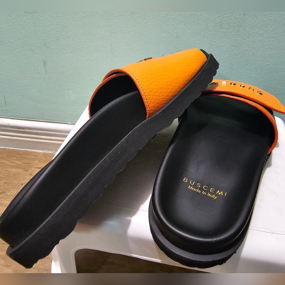 NIB BUSCEMI Scratch Pebbled Leather Orange Black Slides Sandals sz 37 - Picture 8 of 10